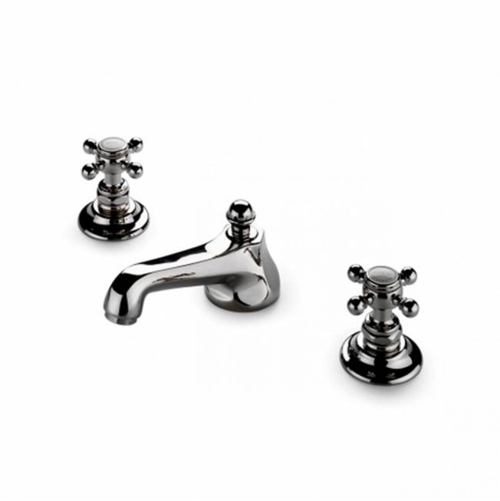Astoria Low Profile Three Hole Deck Mounted Lavatory Faucet with Metal Cross Handles in Nickel, 1.