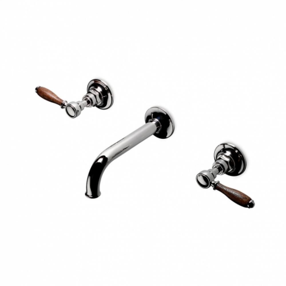 Easton Vintage Low Profile Three Hole Wall Mounted Lavatory Faucet with Elongated Spout and Oak
