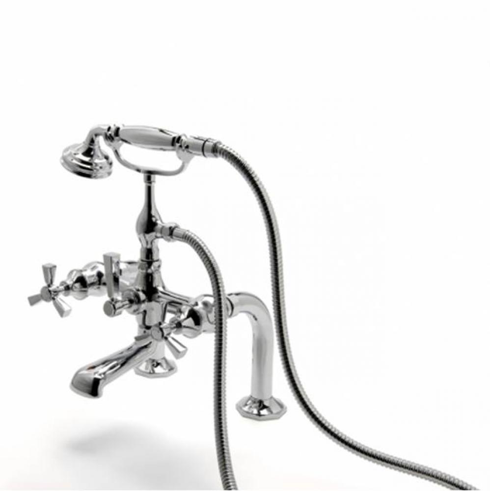 Roadster Exposed Deck Mounted Tub Filler With Handshower and Tri-spoke Handles in Unlacquered