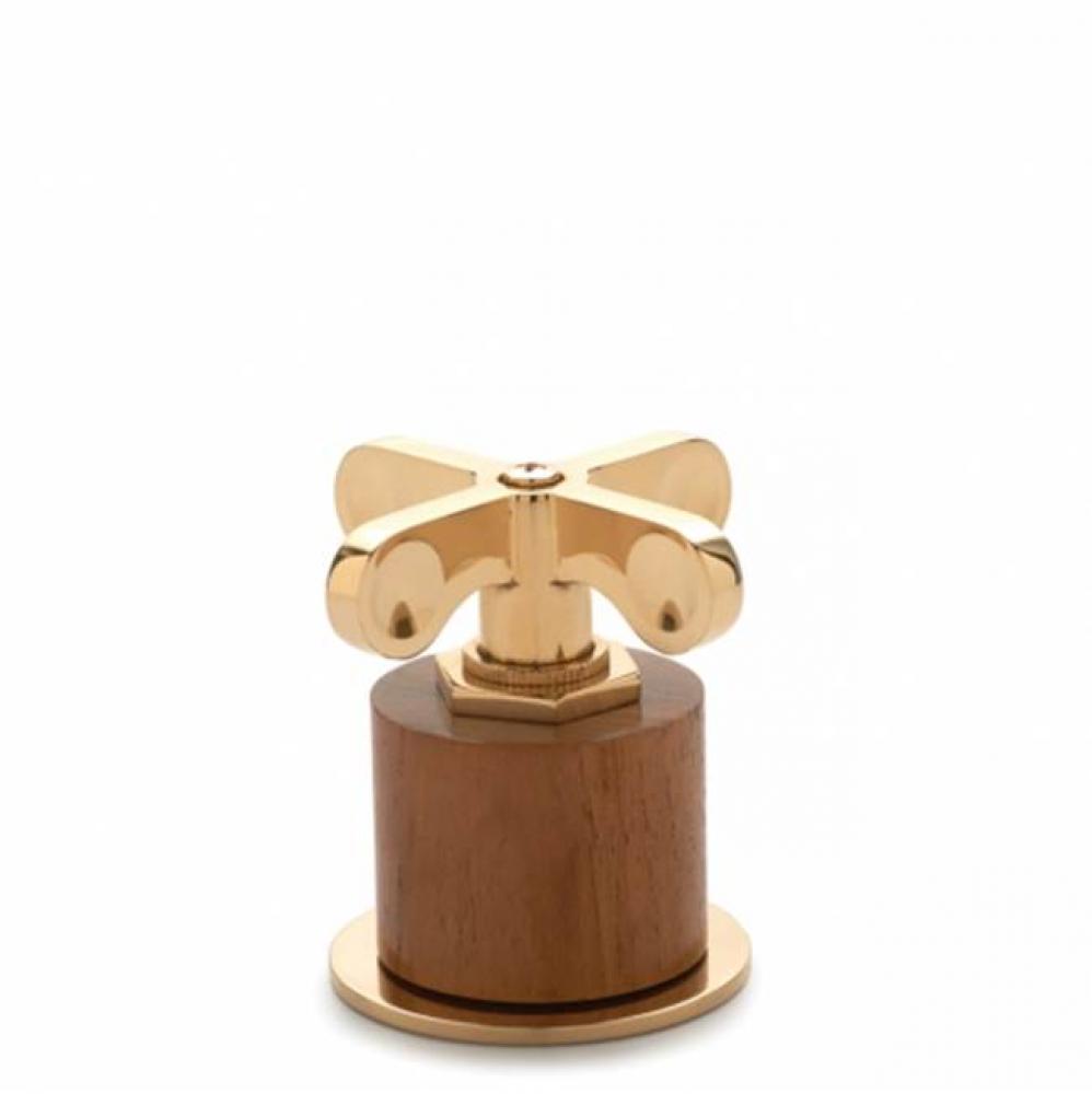 Henry Gooseneck Three Hole Deck Mounted Lavatory Faucet with Teak Cylinders and Metal Cross