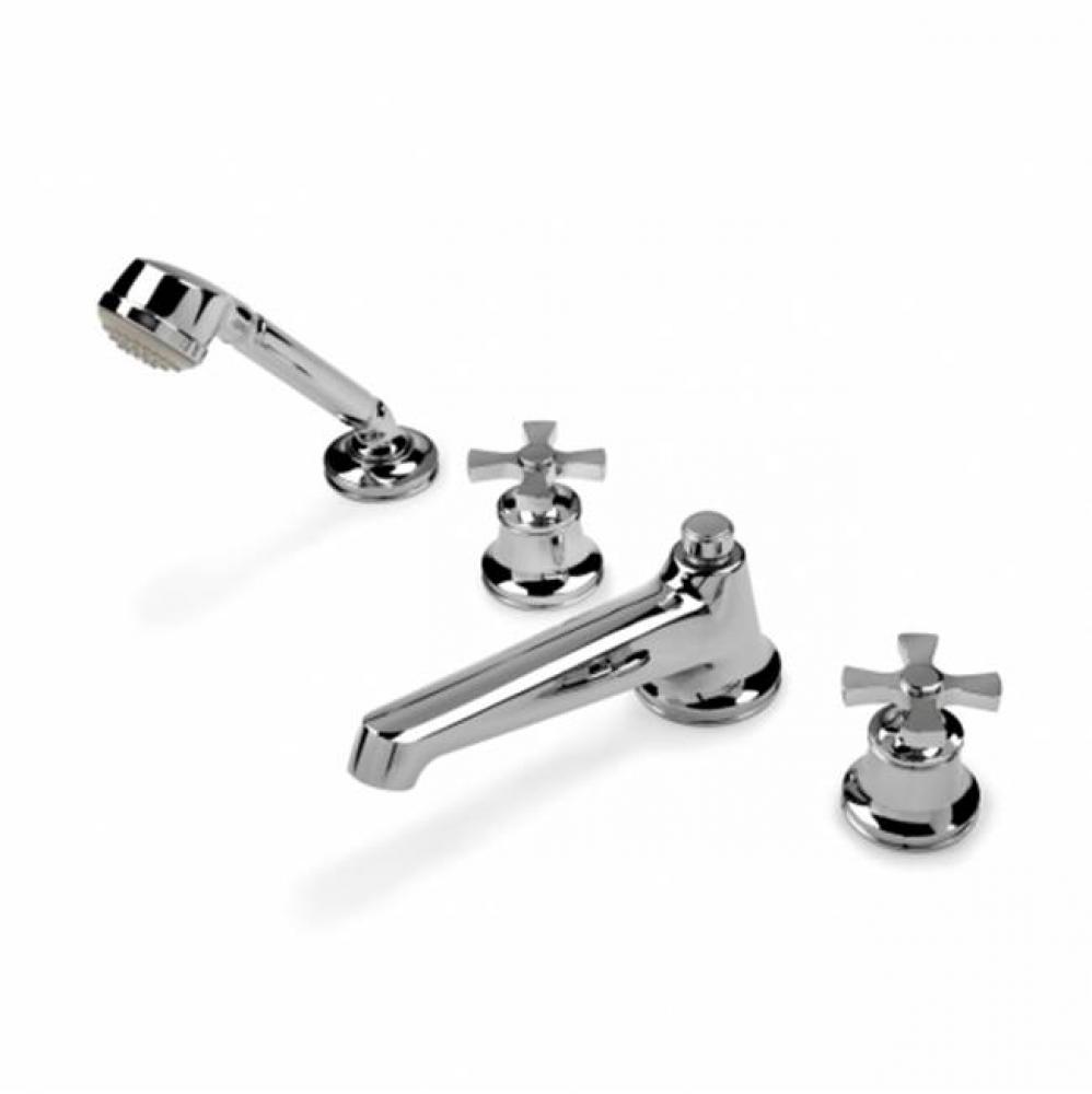 Transit Deck Mounted Low Profile Concealed Tub Filler with Metal Handshower and Metal Cross