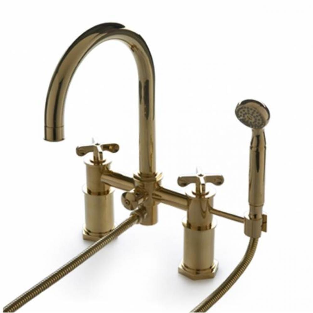 Henry Exposed Deck Mounted Tub Filler with 2.5gpm Handshower and Metal Cross Handles in Unlacquere