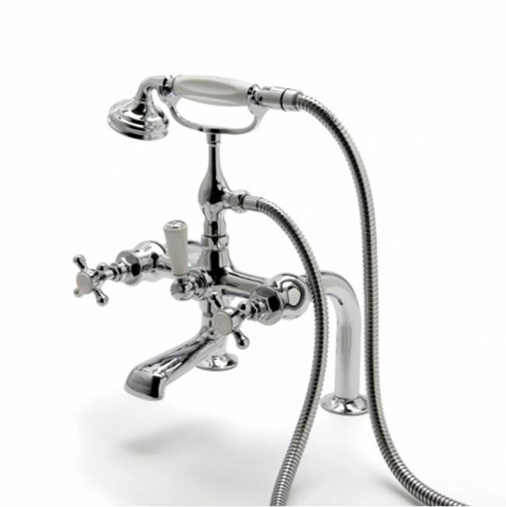 Highgate Exposed Deck Mounted Tub Filler With Handshower and Metal Cross Handles in Unlacquered