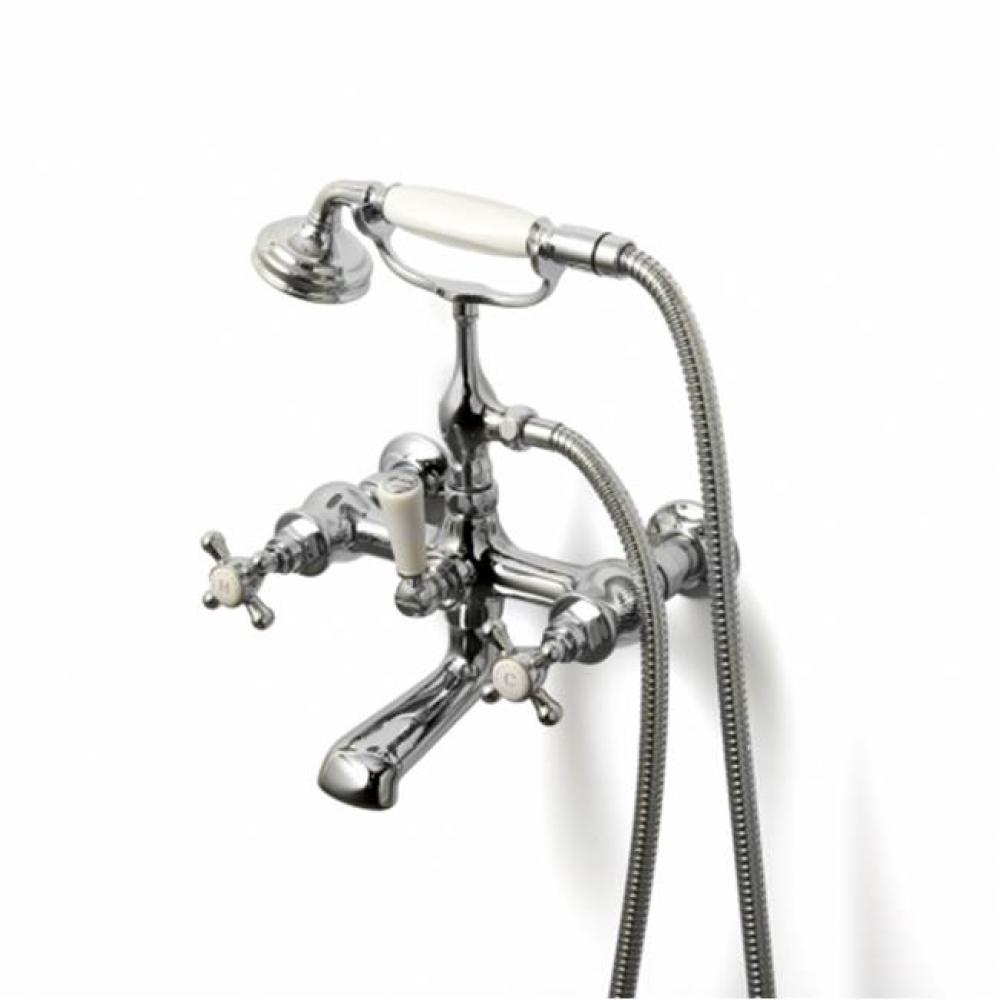 Highgate Exposed Wall Mounted Tub Filler with Handshower and Metal Cross Handles in Unlacquered