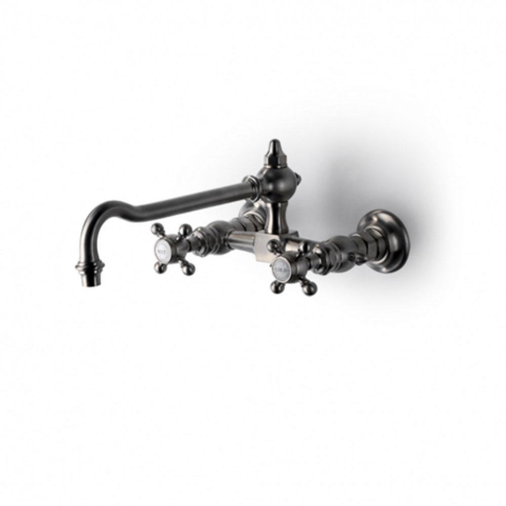 Julia Wall Mounted Two Hole Bridge Low Profile Kitchen Faucet, Metal Cross