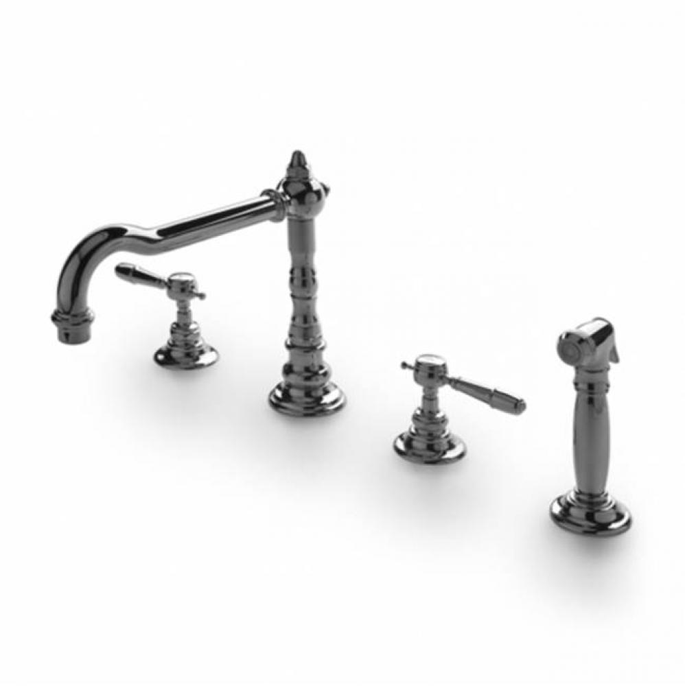 Julia Three Hole High Profile Kitchen Faucet, Metal Lever Handles and Spray in Burnished Nickel