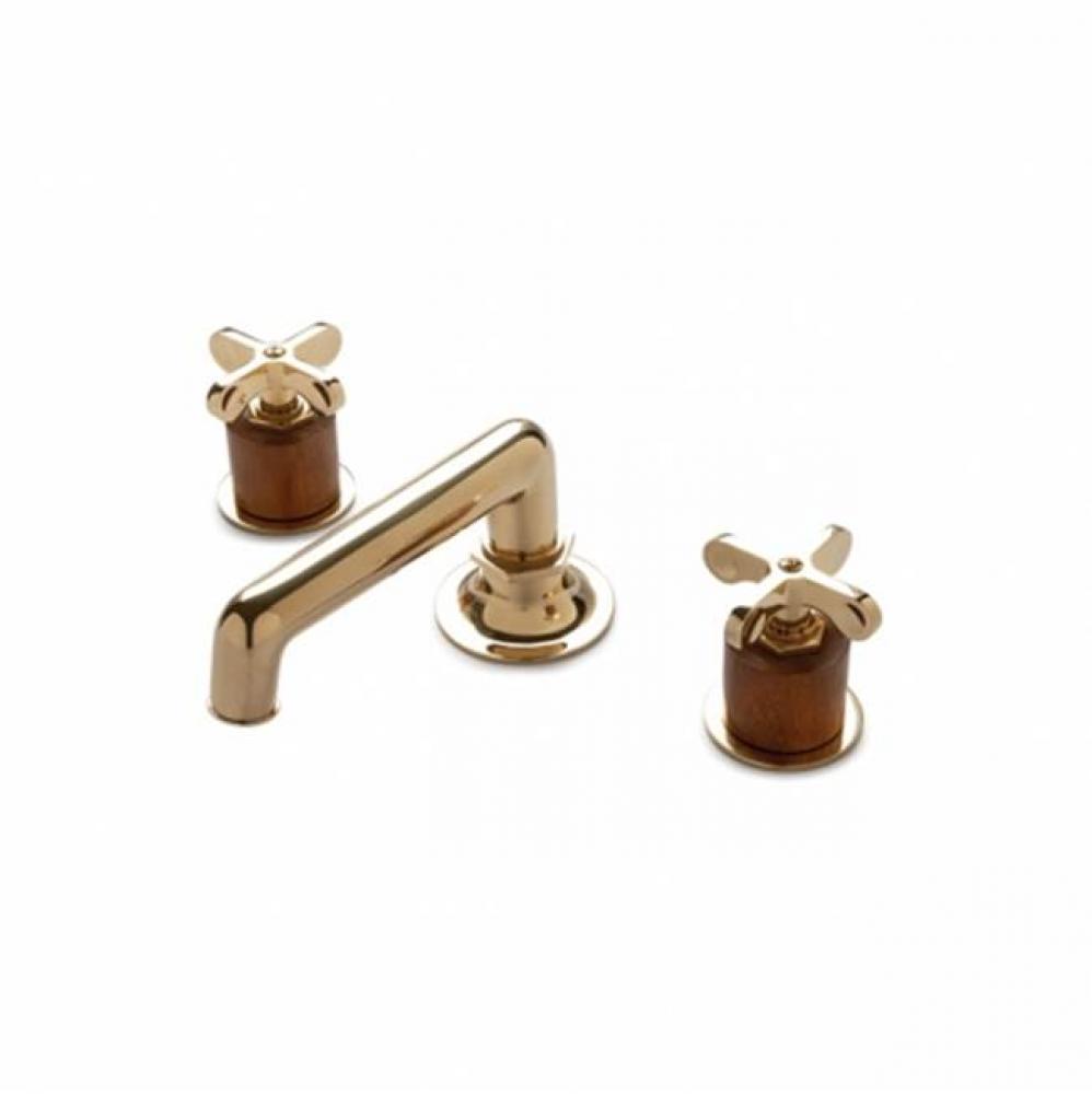 Henry Low Profile Three Hole Deck Mounted Lavatory Faucet with Teak Cylinders and Metal Cross
