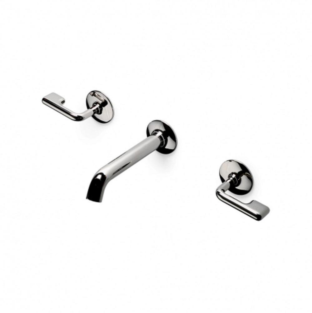 .25 Low Profile Three Hole Wall Mounted Lavatory Faucet with Metal Lever Handles in Matte Nickel,