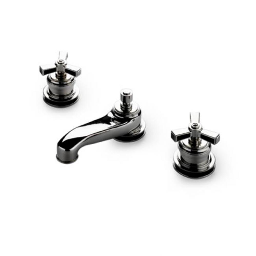Aero Low Profile Three Hole Deck Mounted Lavatory Faucet with Ebony Inlay Cross Handles in