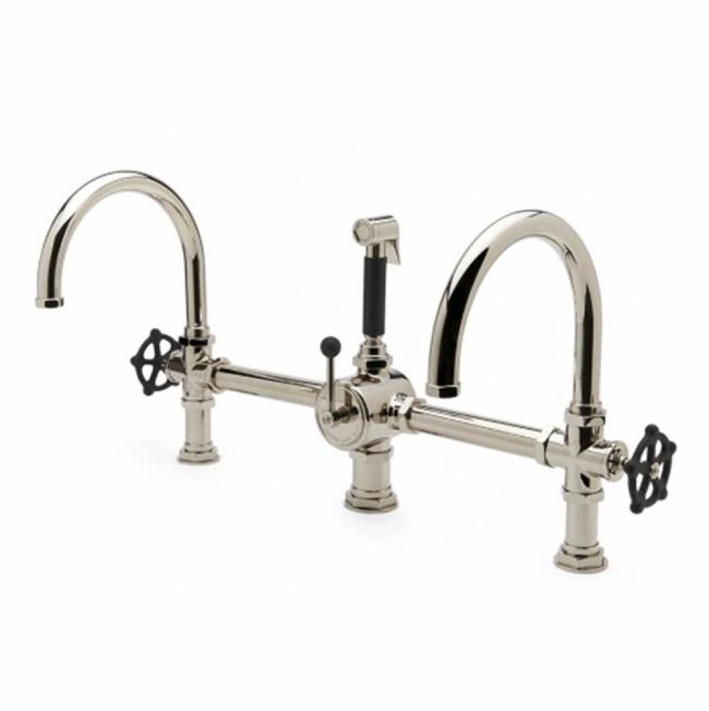 Regulator Gooseneck Double Spout Marquee Kitchen Faucet, Matte Black Wheel Handles and Spray in