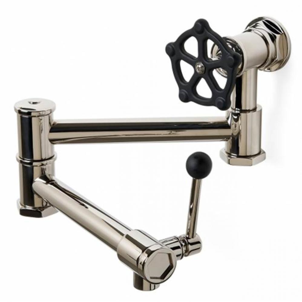 Regulator Wall Mounted Articulated Pot Filler, Black Wheel and Lever Handles in Unlacquered Brass
