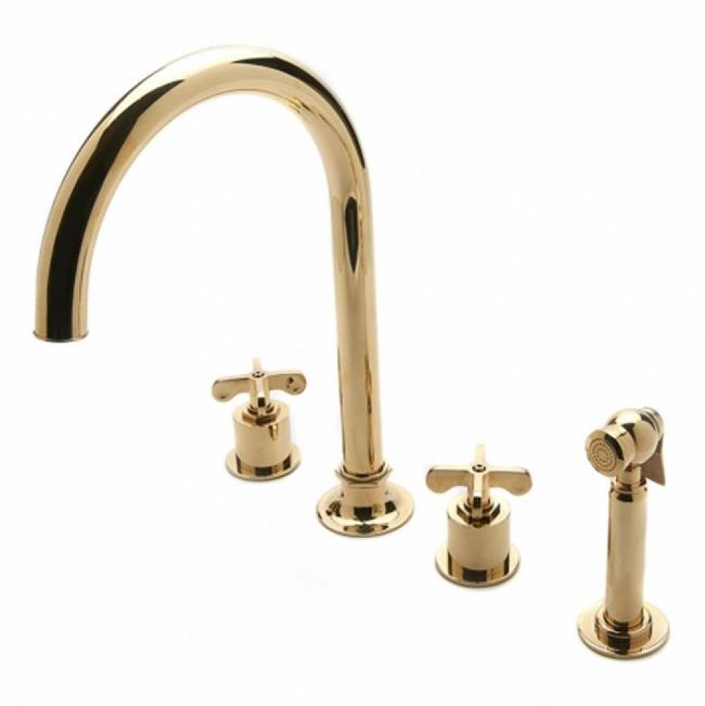 Henry Three Hole Gooseneck Kitchen Faucet, Metal Cross Handles and Spray in Unlacquered