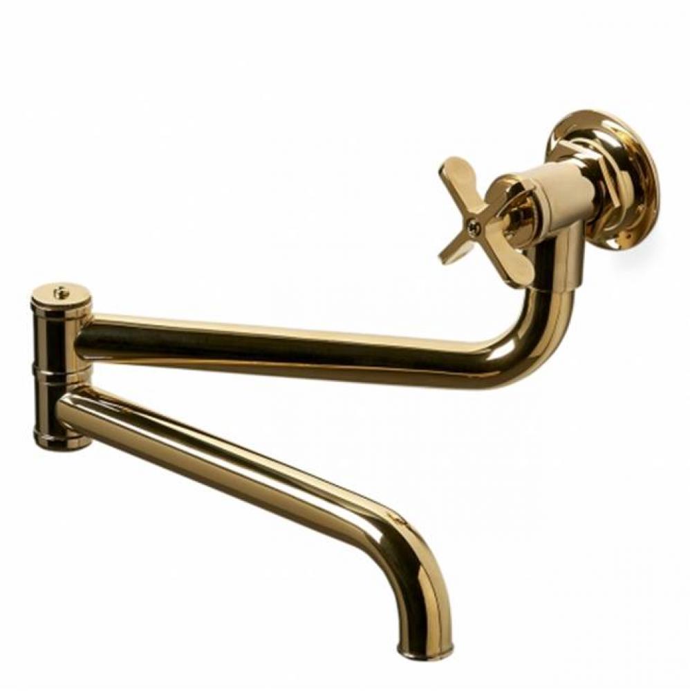 Henry Wall Mounted Articulated Pot Filler, Metal Cross Handle in Unlacquered Brass