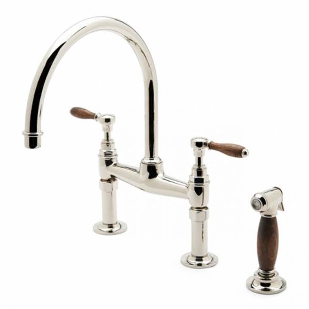 Easton Vintage Two Hole Bridge Gooseneck Kitchen Faucet, Oak Lever Handles and Spray in