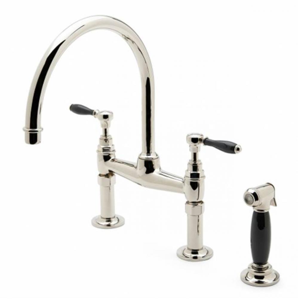 Easton Vintage Two Hole Bridge Gooseneck Kitchen Faucet, Black Porcelain Lever Handles and Spray