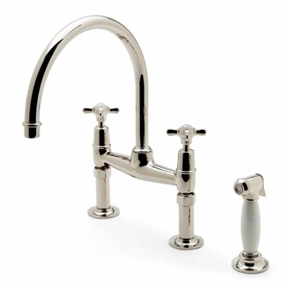 Easton Classic Two Hole Bridge Kitchen Faucet, Metal Cross Handles and White Porcelain Spray in