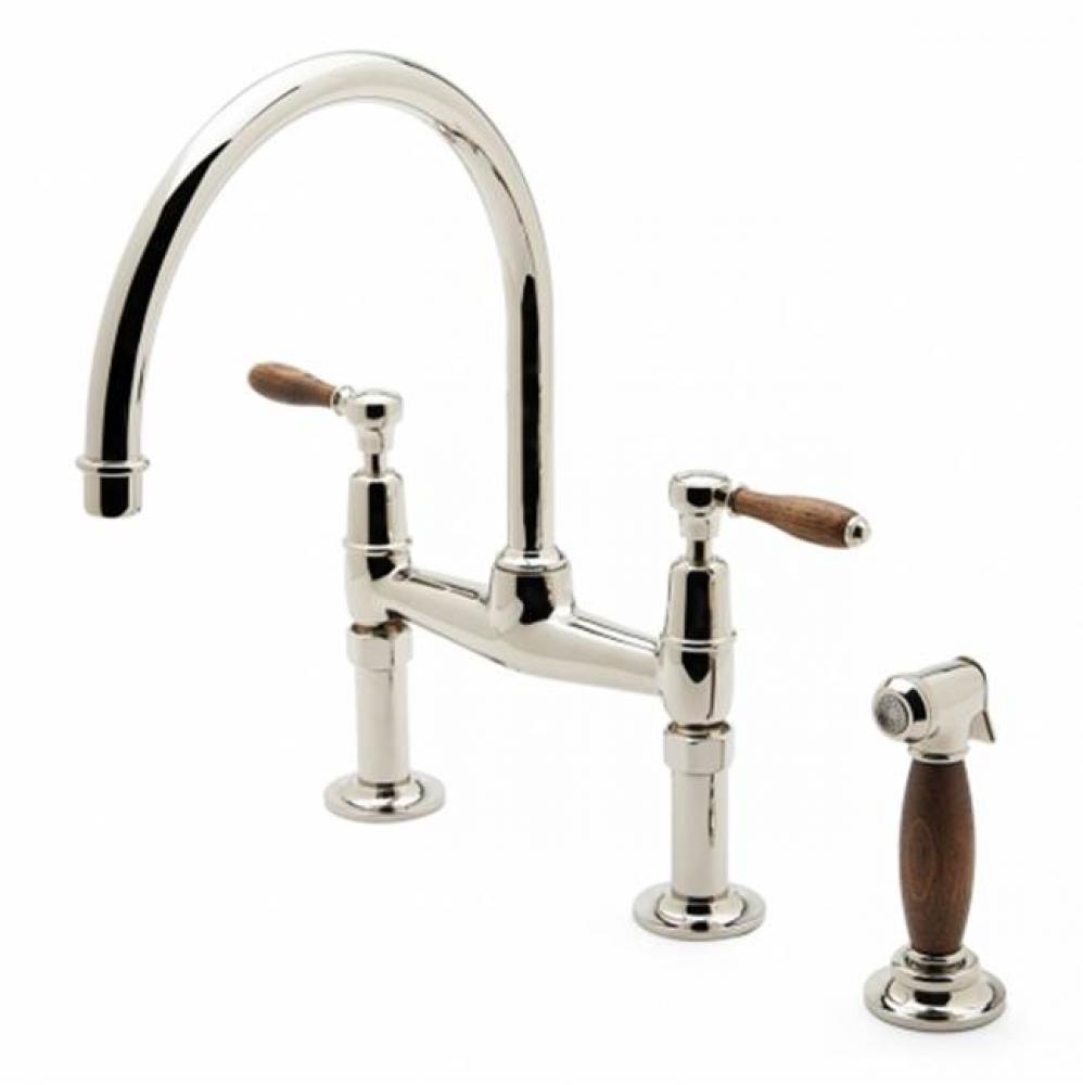 Easton Classic Two Hole Bridge Gooseneck Kitchen Faucet, Oak Lever Handles and Spray in Matte