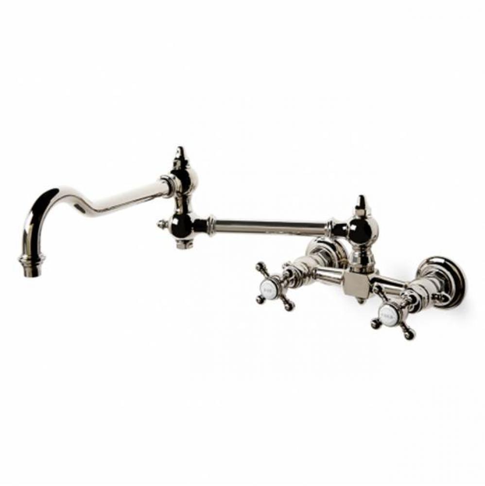 Julia Wall Mounted Two Hole Bridge Articulated Kitchen Faucet, Metal Cross Handles in Carbon,