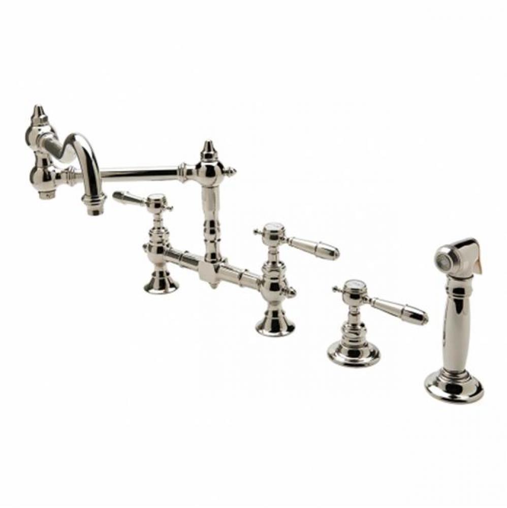 Julia Two Hole Bridge Articulated Kitchen Faucet, Metal Lever Handles and Spray in Burnished