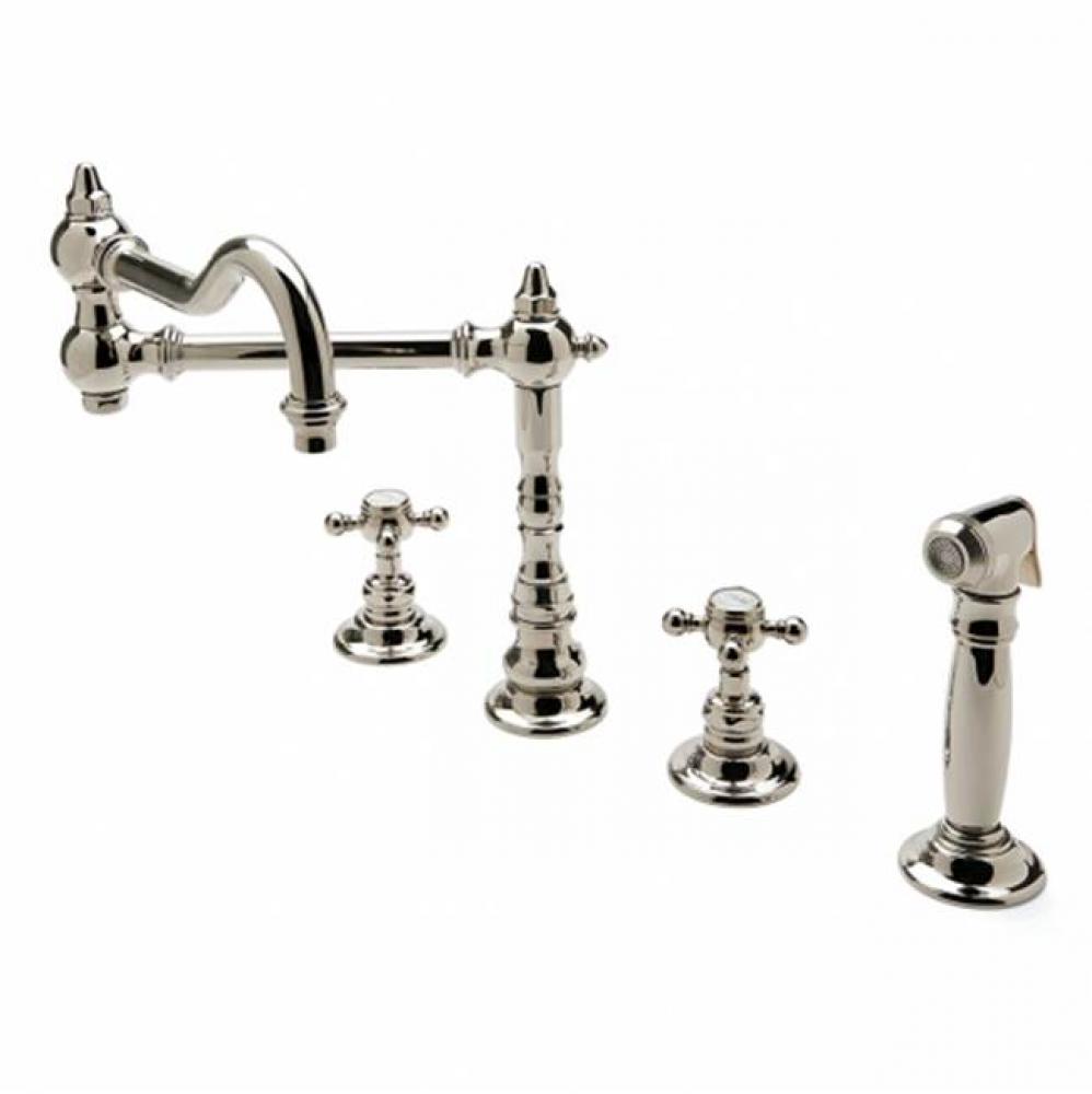 Julia Three Hole Articulated Kitchen Faucet, Metal Cross Handles and Spray in Unlacquered