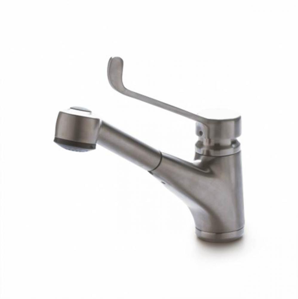 Odeon One Hole Low Profile Kitchen Faucet with Pull-Out Spray and Metal Lever Handle in Chrome wit