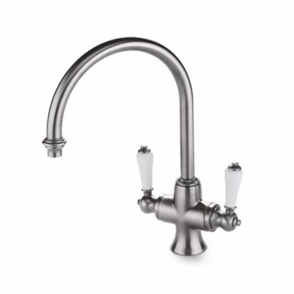 Calais One Hole Gooseneck Kitchen Faucet, White Porcelain Lever Handles in Architectural Bronze,