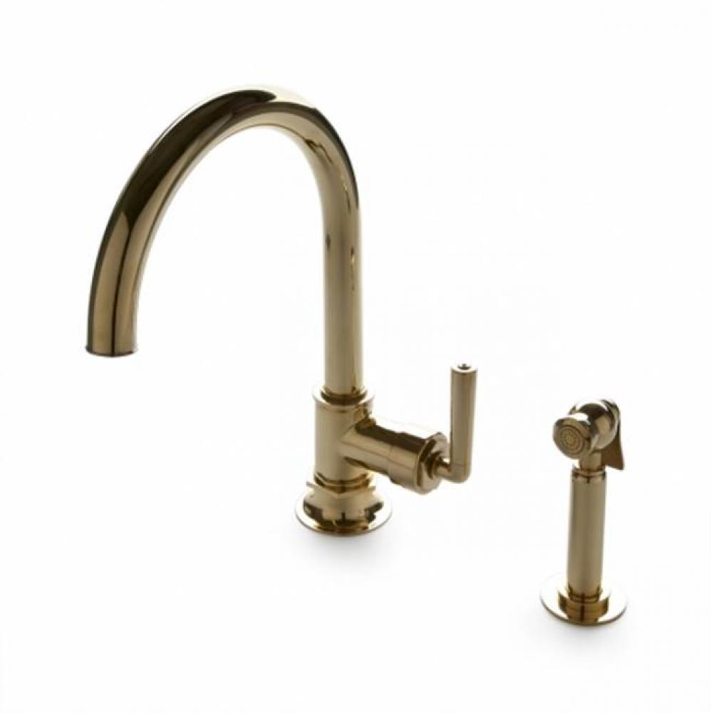 Henry One Hole Gooseneck Kitchen Faucet, Metal Lever Handle and Spray in Unlacquered Brass