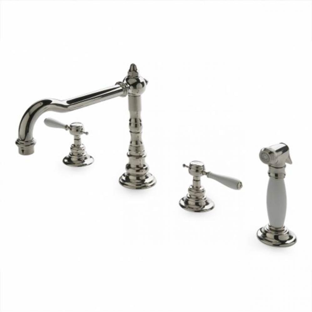 Julia Three Hole High Profile Kitchen Faucet, White Porcelain Levers and Spray in Burnished