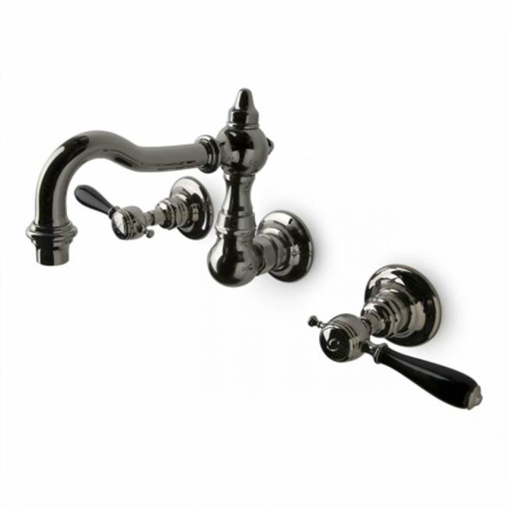 Julia High Profile Three Hole Wall Mounted Lavatory Faucet with Black Porcelain Lever Handles in