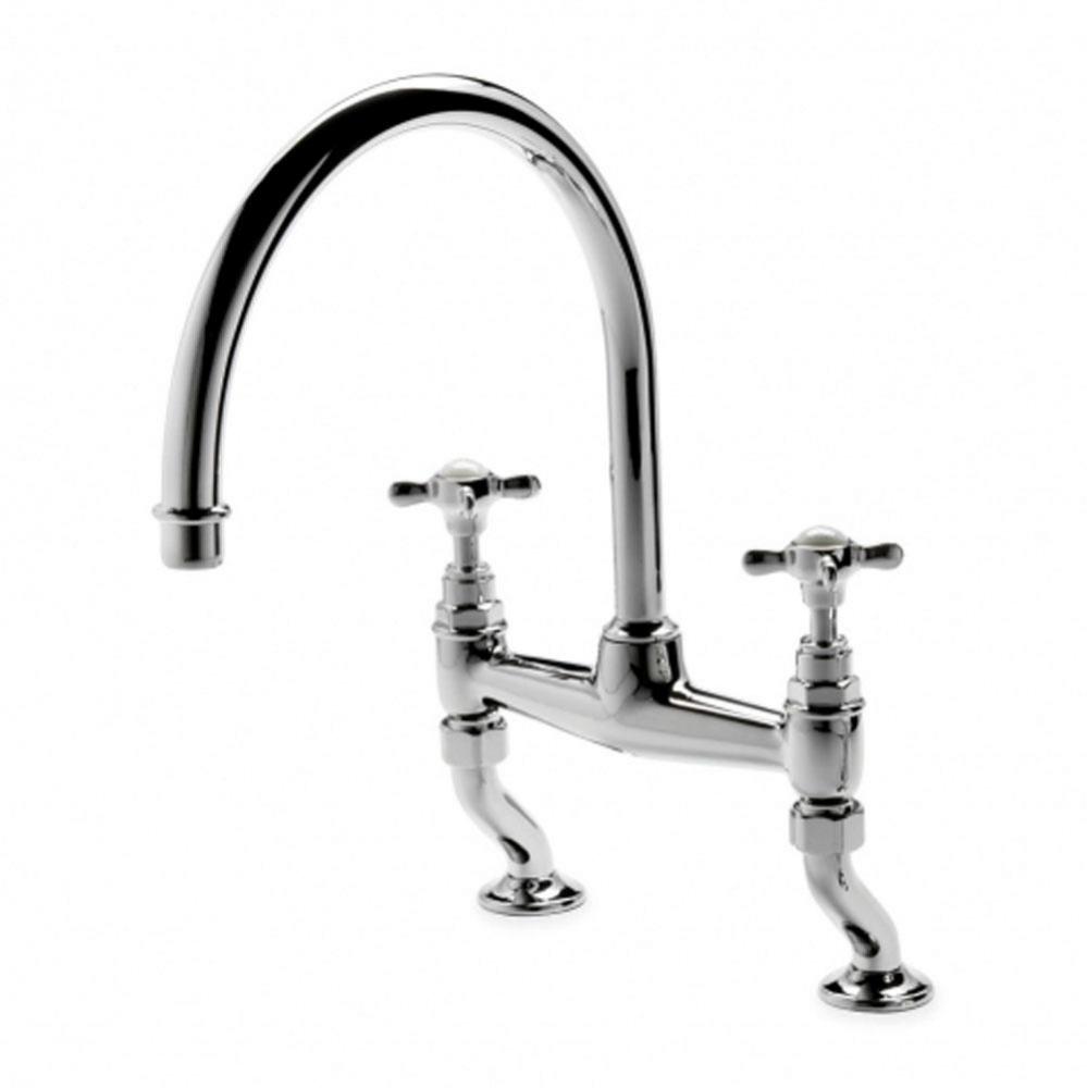 Easton Vintage Two Hole Bridge Gooseneck Kitchen Faucet, Metal Cross