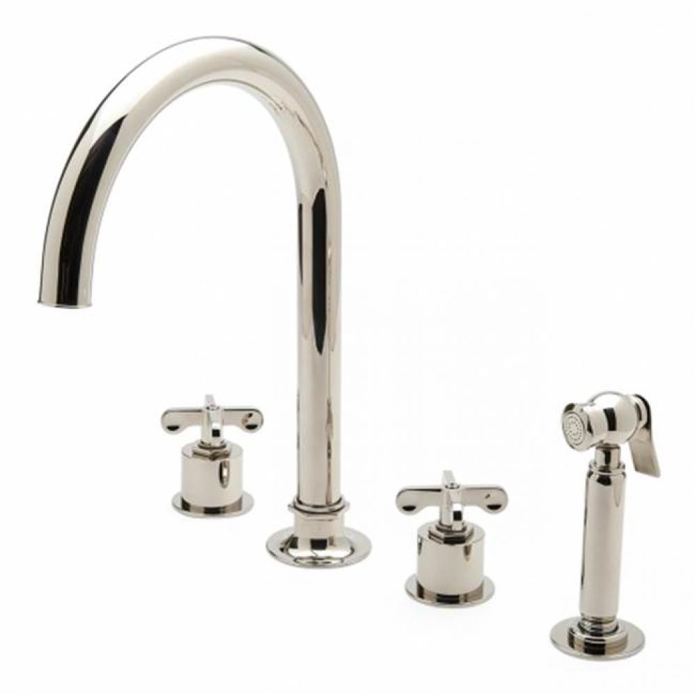 Henry Three Hole Gooseneck Kitchen Faucet, Metal Cross Handles and Spray in Burnished Brass,