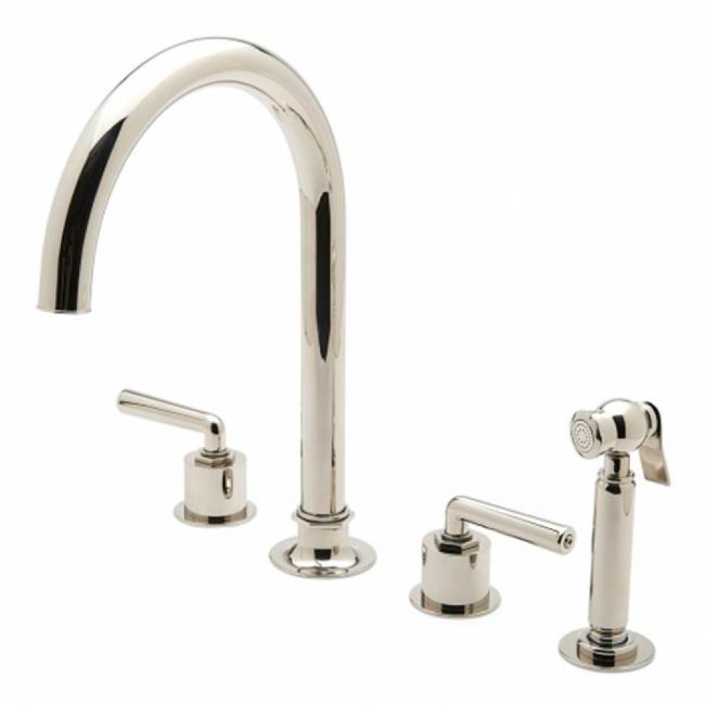 Henry Three Hole Gooseneck Kitchen Faucet, Metal Lever Handles and Spray in Burnished