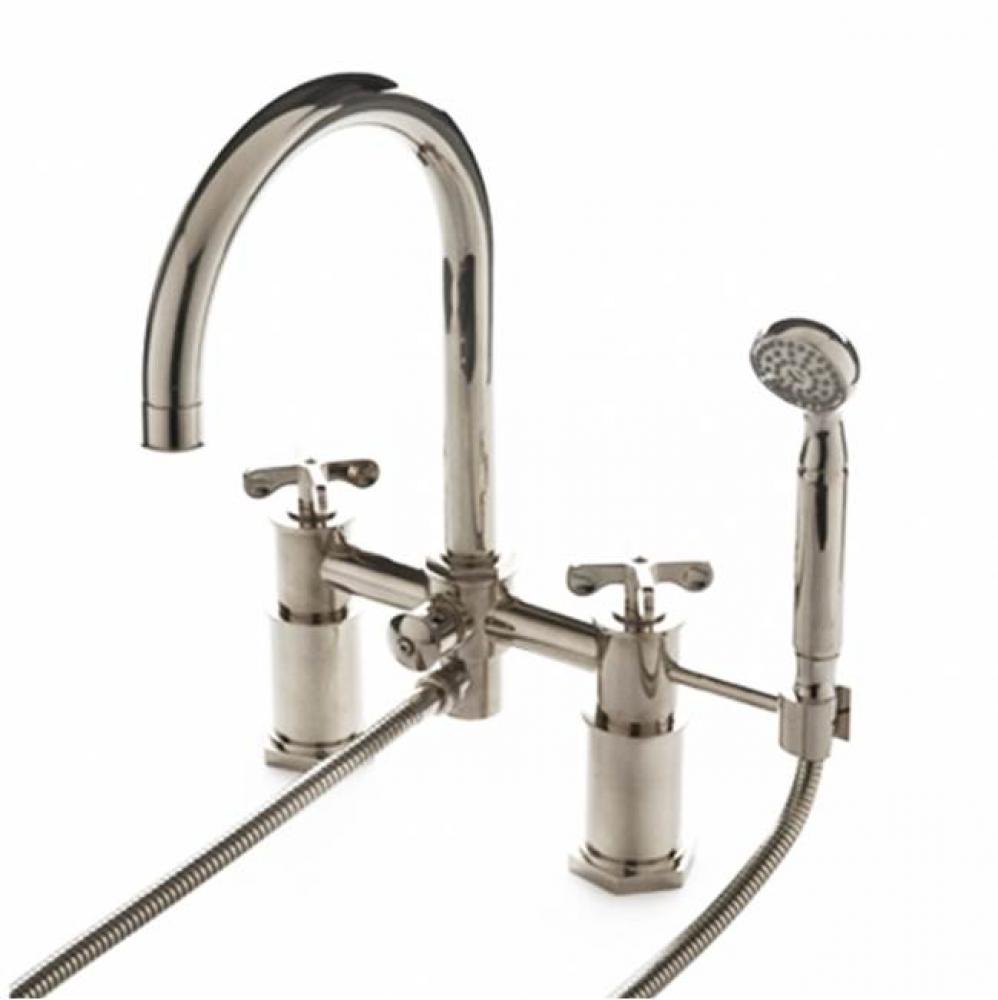 UK WRAS Henry Deck Mounted Exposed Tub Filler with Handshower and Metal Cross Handles in Antique