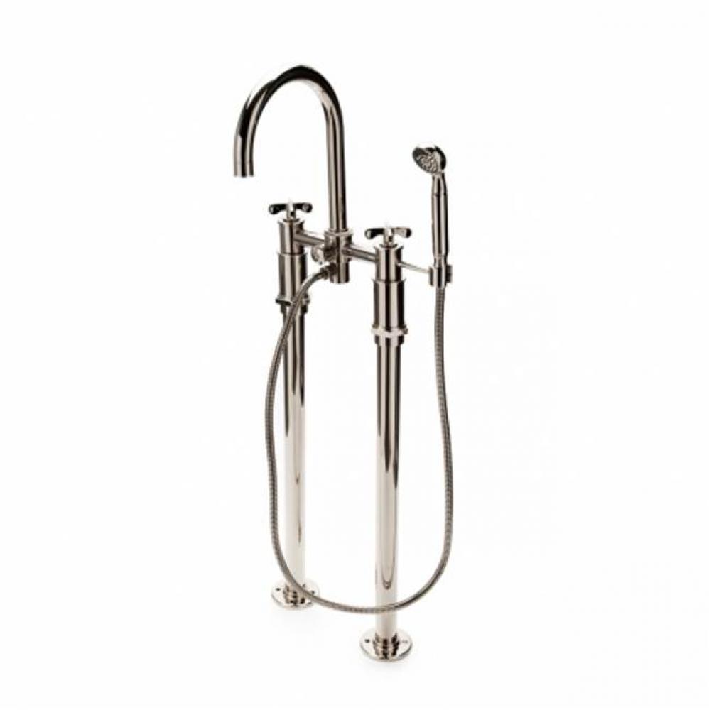 Henry Exposed Floor Mounted Tub Filler With Handshower and Metal Cross Handles in Burnished