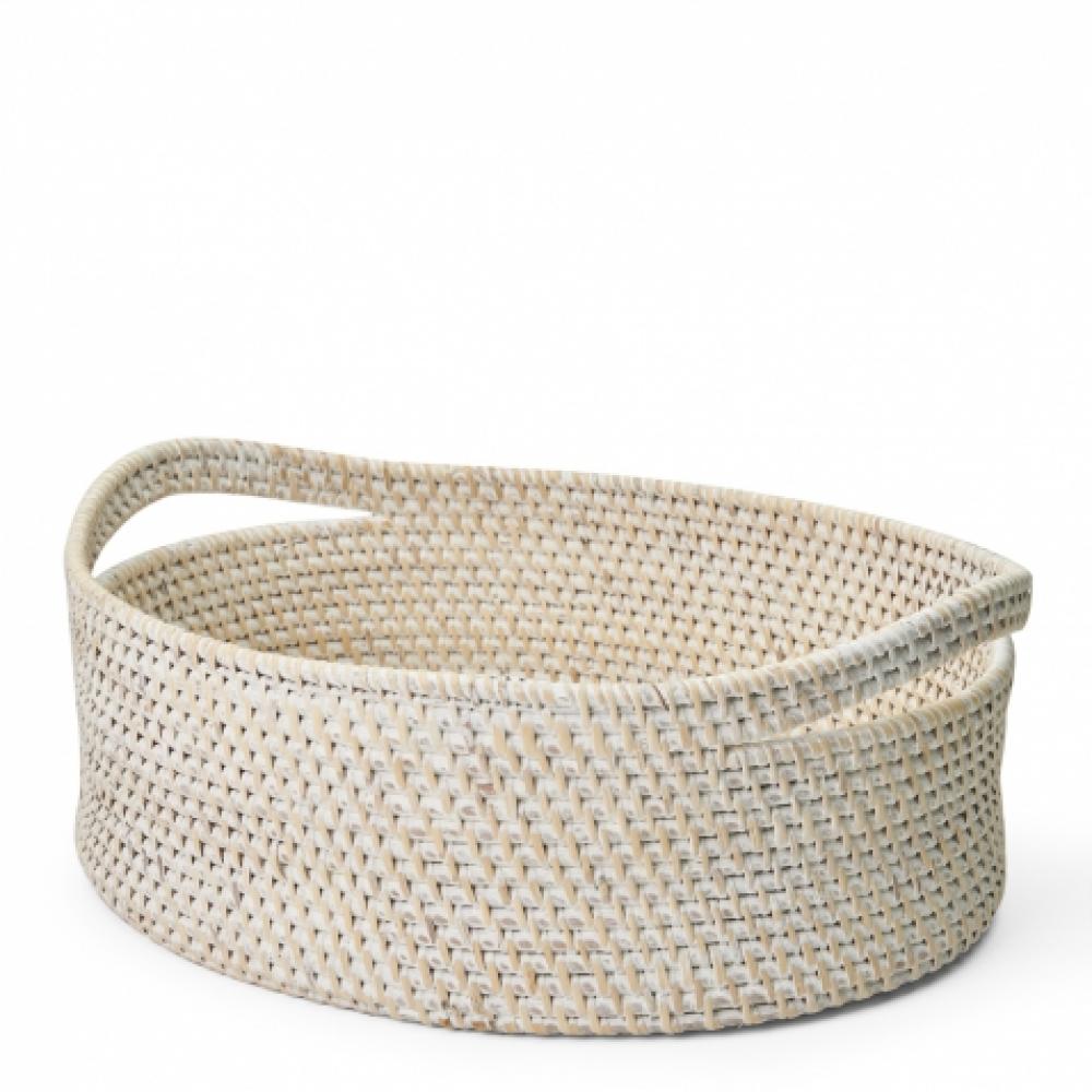 Palm Medium Oval Storage Basket with Handles in Rattan / White Wash