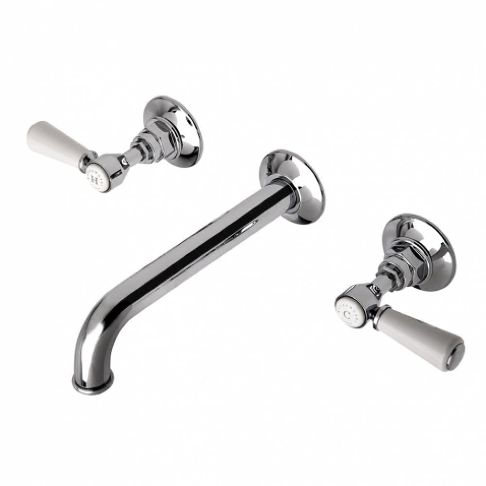Highgate Low Profile Three Hole Wall Mounted Lavatory Faucet with White Porcelain Lever Handles