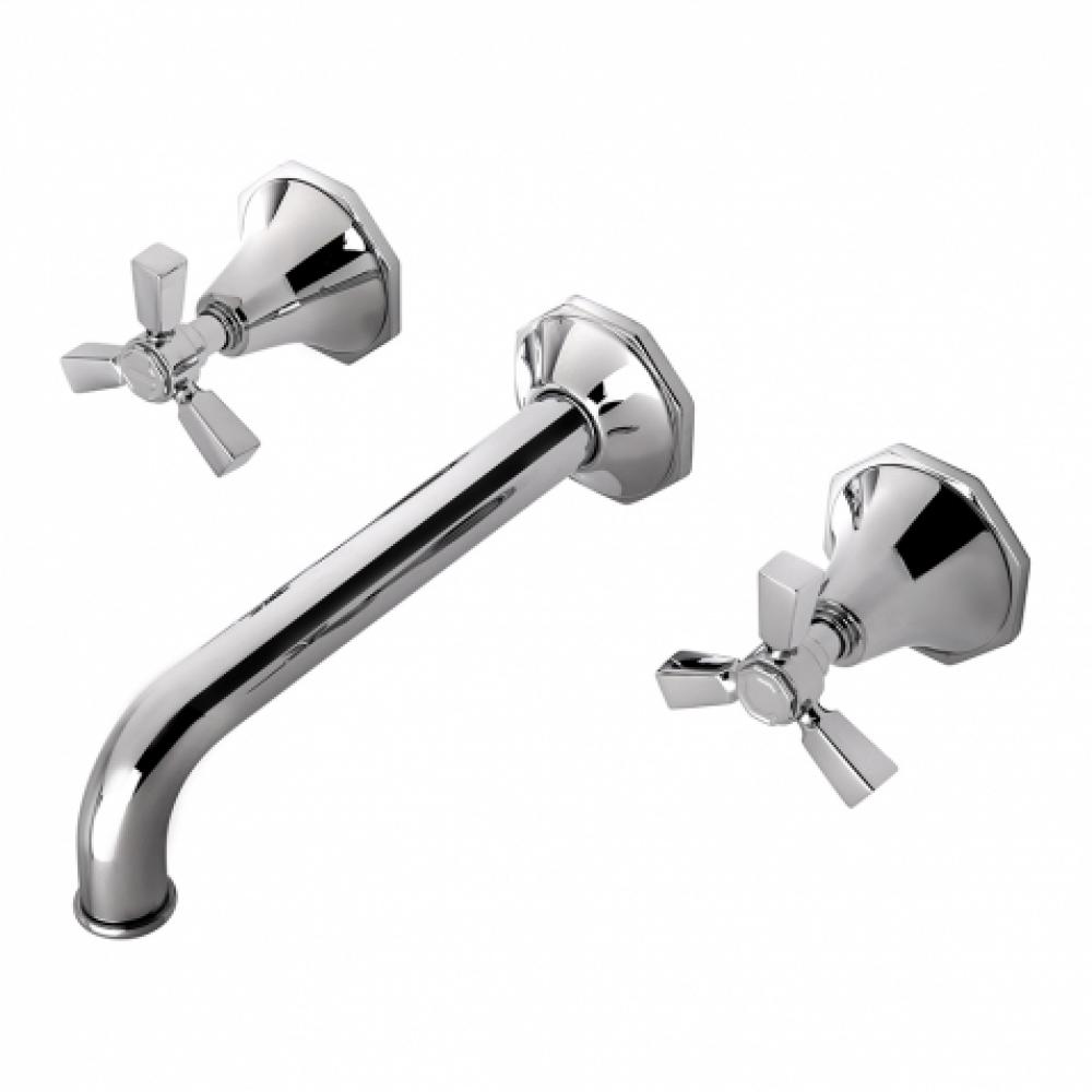 Roadster Low Profile Three Hole Wall Mounted Lavatory Faucet with Metal Tri-Spoke Handles and