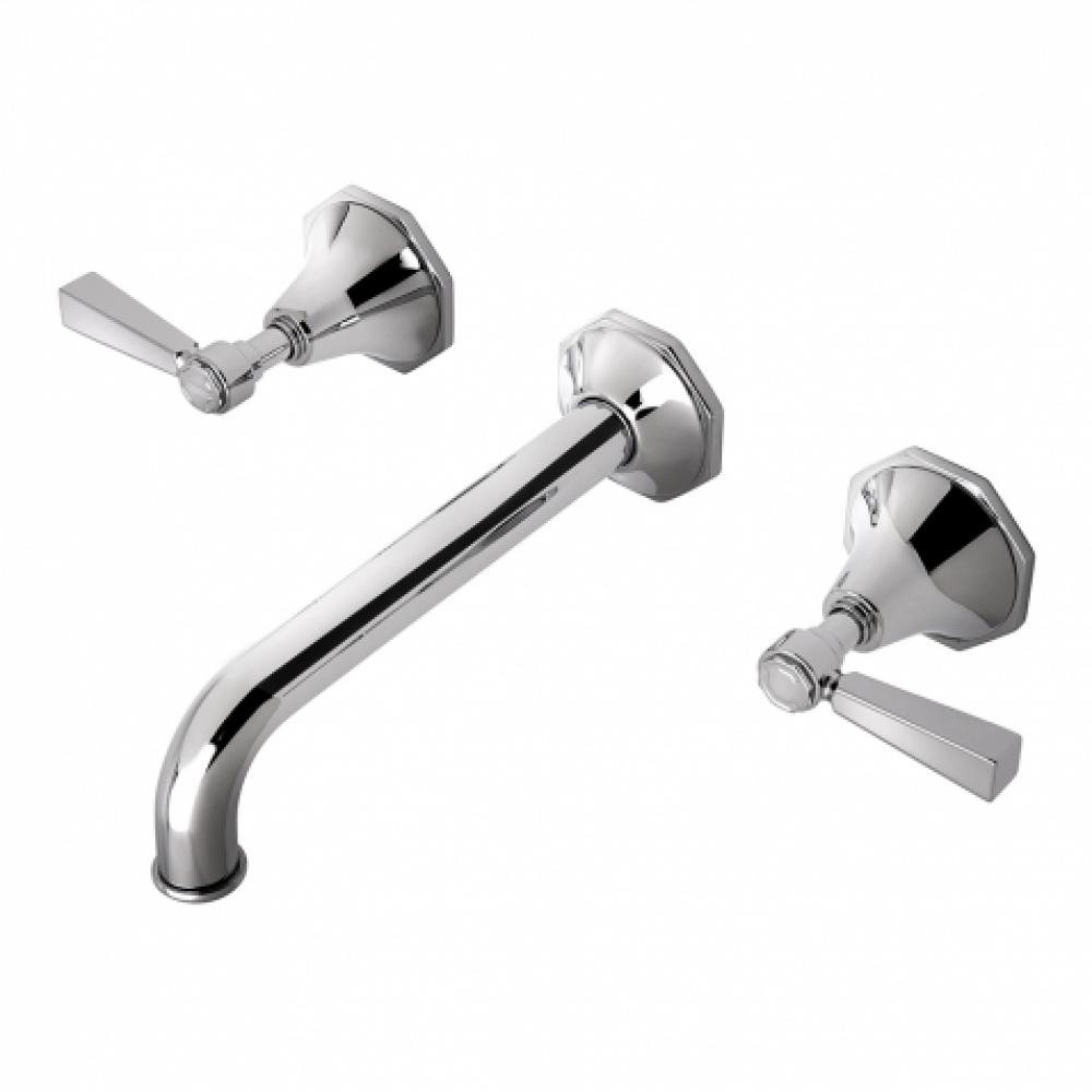 Roadster Low Profile Three Hole Wall Mounted Lavatory Faucet with Metal Lever Handles and Valve