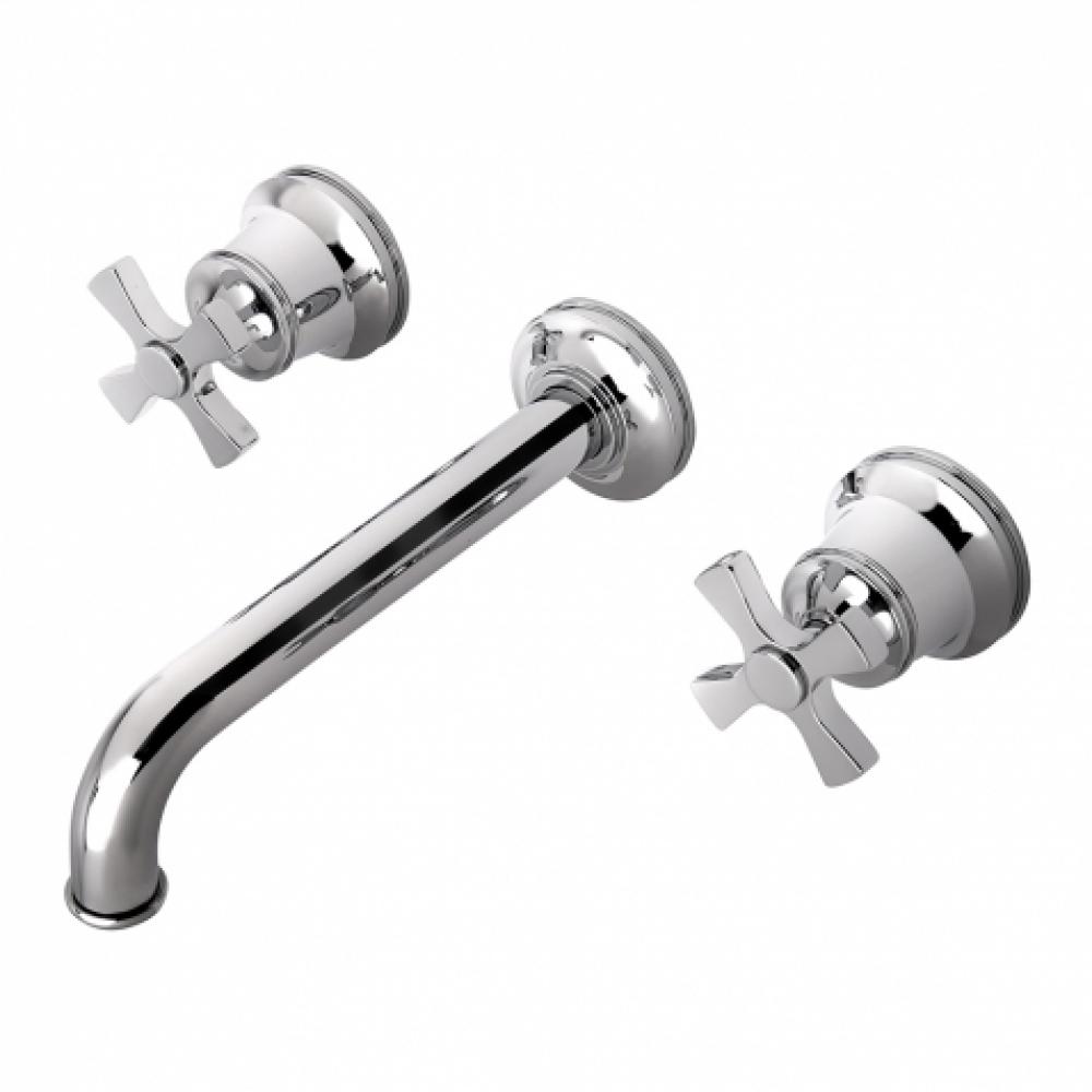Transit Low Profile Three Hole Wall Mounted Lavatory Faucet with Metal Cross Handles and Valve in