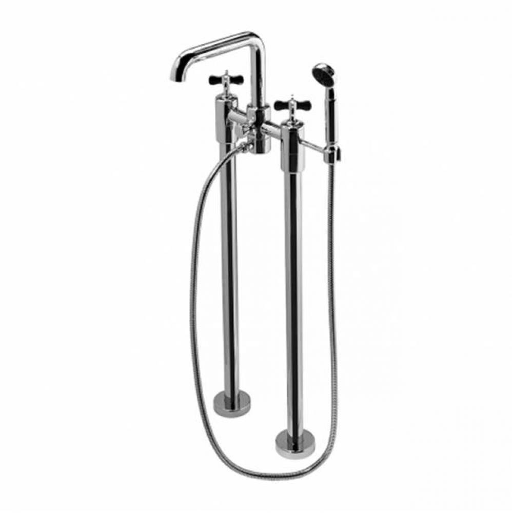 Ludlow Floor Mounted Exposed Tub Filler with Handshower and Metal Cross Handles in Unlacquered