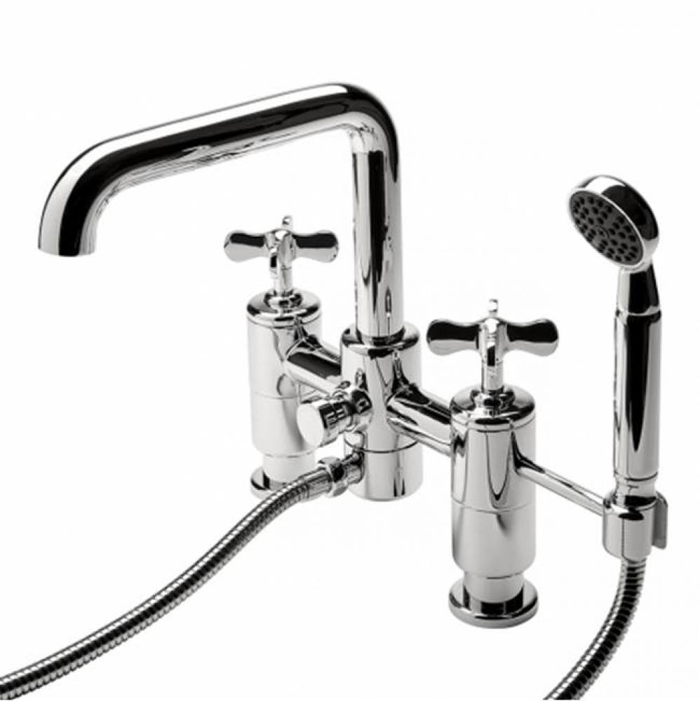 Ludlow Deck Mounted Exposed Tub Filler  with Handshower and Metal Cross Handles in Unlacquered