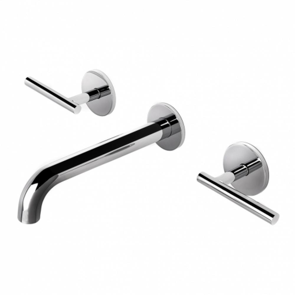 Decibel Low Profile Three Hole Wall Mounted Lavatory Faucet with Metal Lever Handles and Valve in