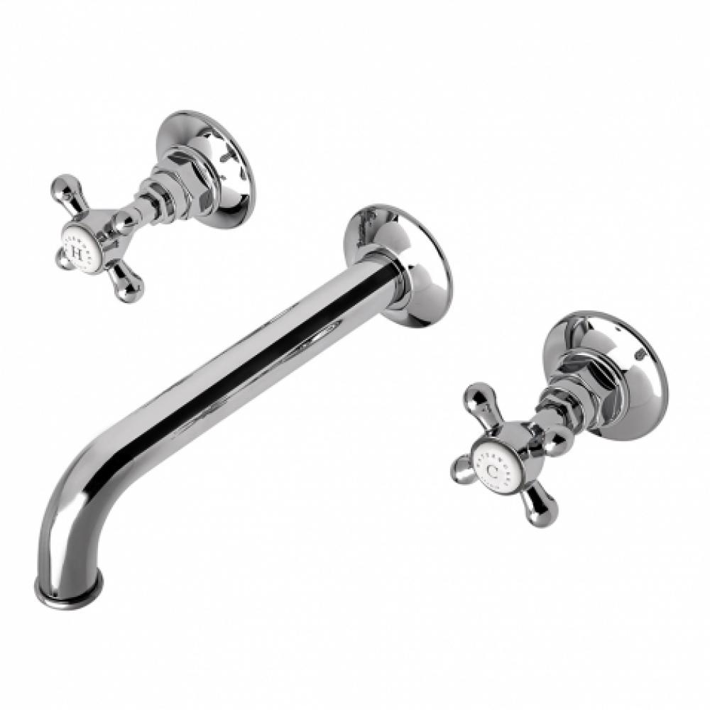 Highgate Low Profile Three Hole Wall Mounted Lavatory Faucet with Metal Cross Handles and Valve