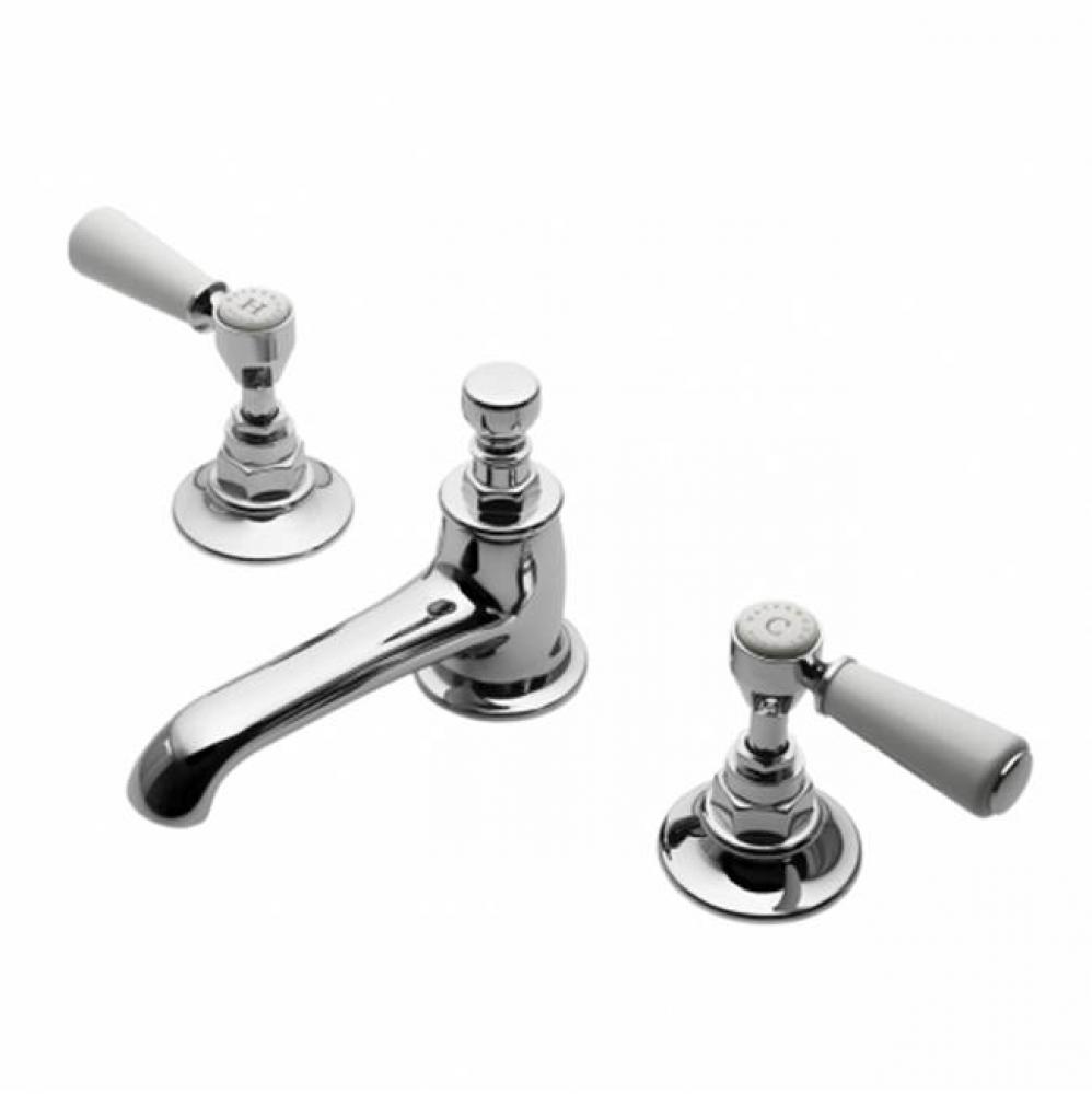 Highgate Low Profile Three Hole Deck Mounted Lavatory Faucet with White Porcelain Lever Handles