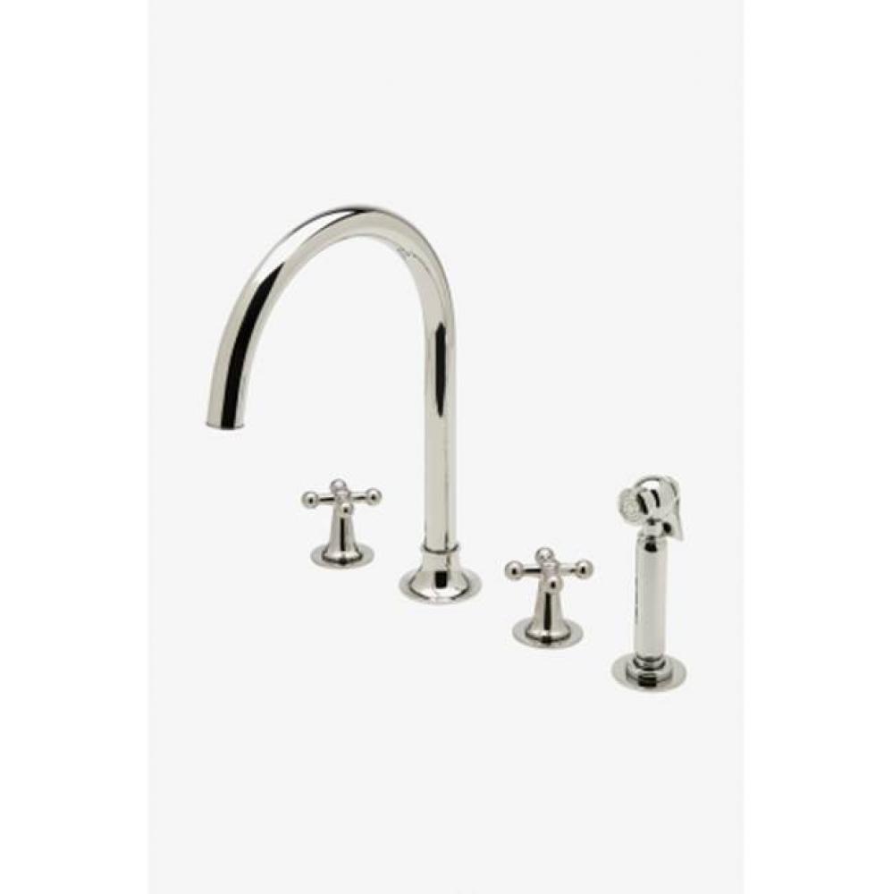 Dash Three Hole Gooseneck Kitchen Faucet with Metal Cross Handles and Spray in Matte Nickel, 2.2gp