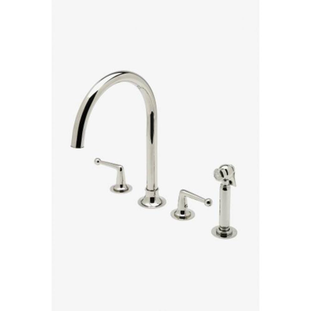 Dash Three Hole Gooseneck Kitchen Faucet with Metal Lever Handles and Spray in Architectural Bronz