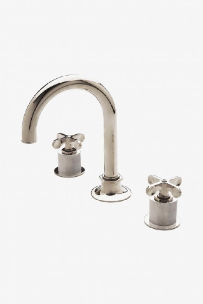 Henry Gooseneck Three Hole Deck Mounted Lavatory Faucet with Coin Edge Cylinders and Metal Cross