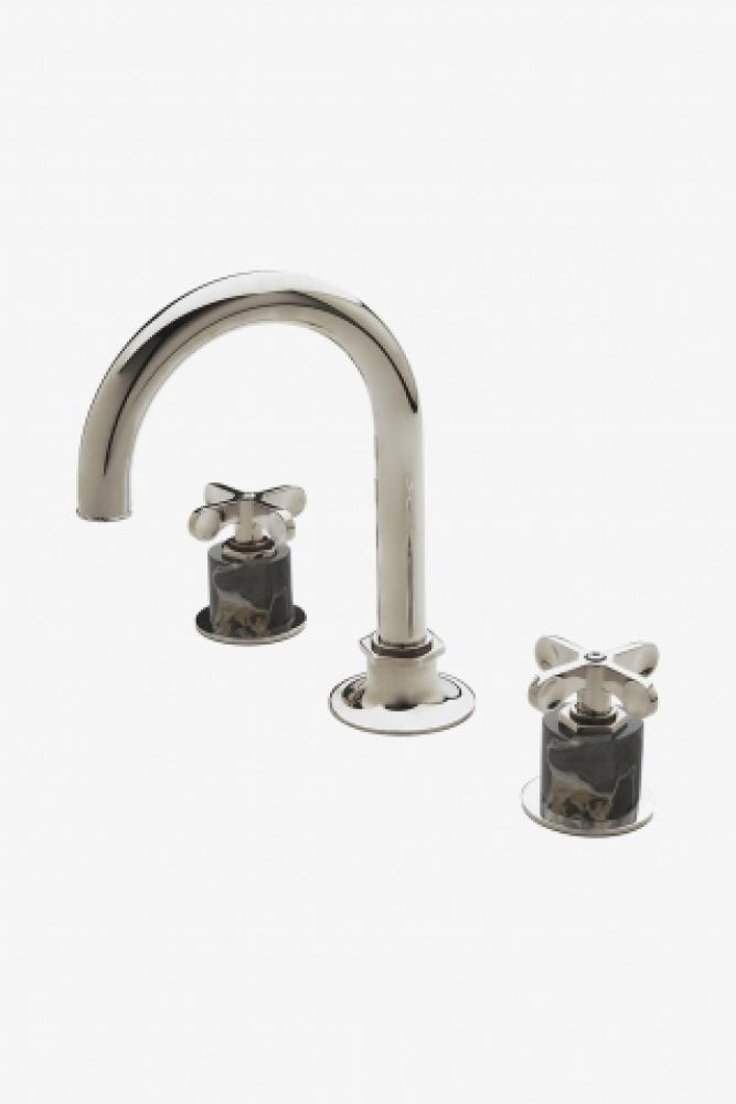 Henry Gooseneck Three Hole Deck Mounted Lavatory Faucet with Portoro Cylinders and Metal Cross Han