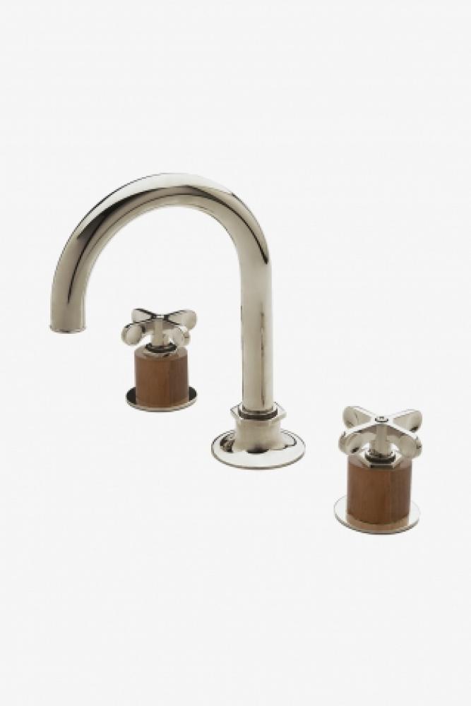 Henry Gooseneck Three Hole Deck Mounted Lavatory Faucet with Teak Cylinders and Metal Cross