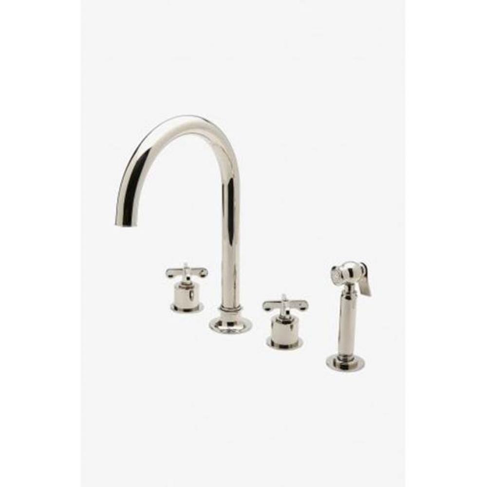 Henry Three Hole Gooseneck Kitchen Faucet, Metal Cross Handles and Spray in Brass